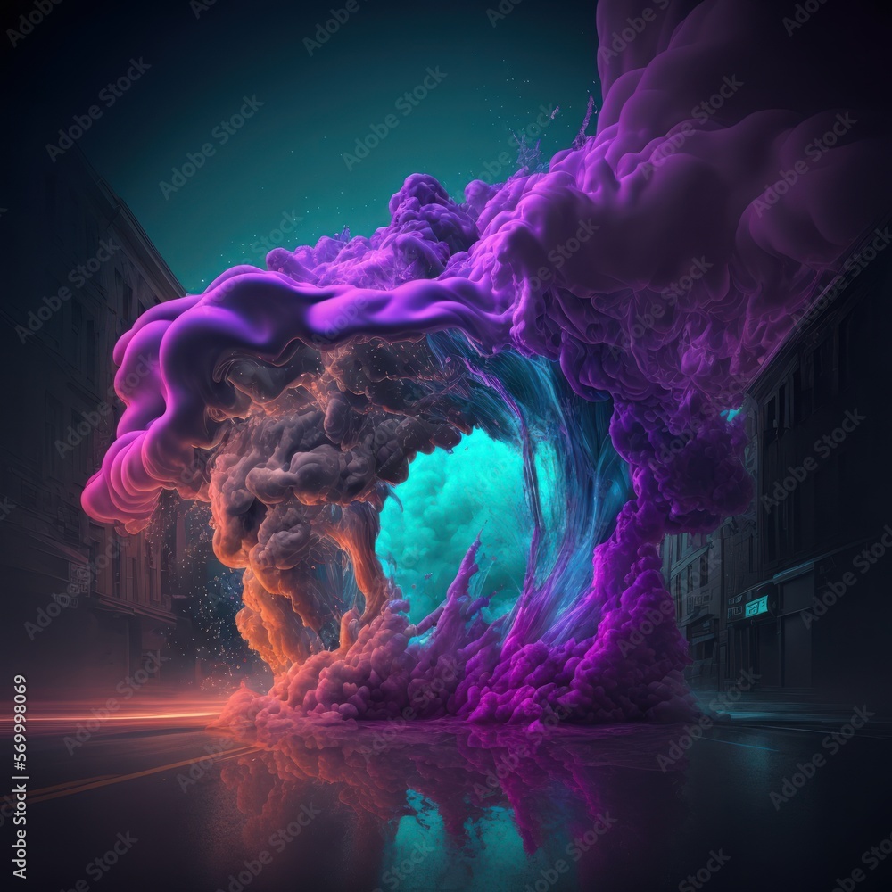 Poster Purple Smoke Cloud Neon Color Portal to other Dimension - Abstract Futuristic Graphic Concept Design Artwork - Generative AI Illustration