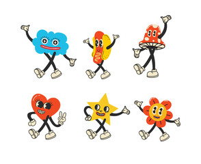 Groovy hippie love sticker character. Comic happy mushroom, hot dog and cloud character with wings in trendy retro 60s 70s cartoon style. Vintage isolated vector illustration.