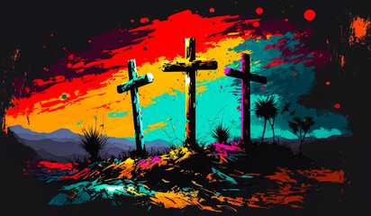 Naklejka na ściany i meble Abstract art. Colorful painting art of three crosses on a hill. Christian illustration. Generative AI.