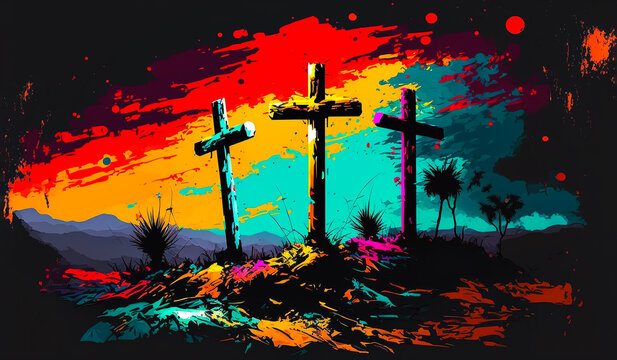 Abstract art. Colorful painting art of three crosses on a hill. Christian illustration. Generative AI.