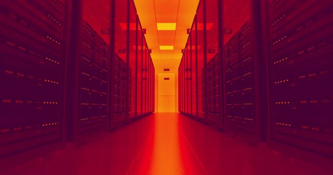Empty modern server room. High temperature. Critic data loss. Computer racks all around.