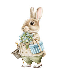 Watercolor vintage boy Easter bunny rabbit in suit holding bouquet of flowers and gift box isolated on white background. Watercolor hand drawn illustration sketch © Mimomy