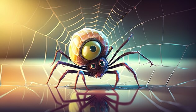  A Close Up Of A Spider On A Web With A Light Shining On It's Back End And Eyes On The Front Of The Web.  Generative Ai