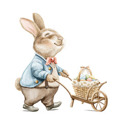 Watercolor vintage boy bunny rabbit in suit carrying cart with basket of Easter eggs isolated on white background. Watercolor hand drawn illustration sketch