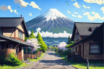 Fototapeta premium the view of mount fuji from a city, anime style, generative ai technology