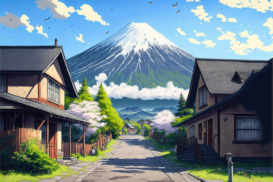 the view of mount fuji from a city, anime style, generative ai technology
