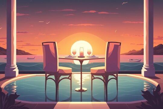 An infinity pool surrounds a dining table with a seascape view during sunset. Couple concept romantic tropical getaway for two. food, romance, and chairs. upscale dining experiences and honeymoon tem