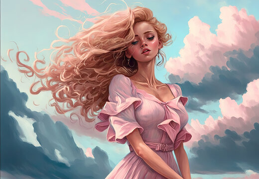 a beautiful very sad looking woman with a pink dress, wind blowing, generative ai technology