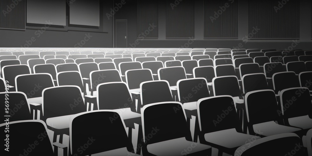 Poster background image of empty black plastic chairs in rows standing in auditorium for seminar and traini