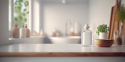 Fototapeta na wymiar Minimalist Bathroom Oasis: Wooden Table Top for Product Display with Dreamy Blurred Background of Bathtub and Elegant Interior. Generative AI