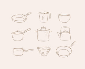 Kitchen appliances for everyday cooking drawing in graphic style on beige background