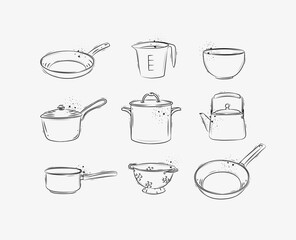 Kitchen appliances for everyday cooking drawing in graphic style on grey background