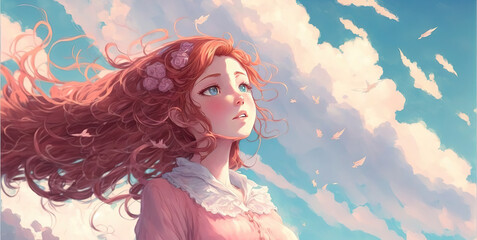 a red haired woman watching the sky, cute face, generative ai technology