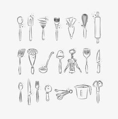 Kitchen utensils to prepare food and bakery drawing in graphic style on grey background
