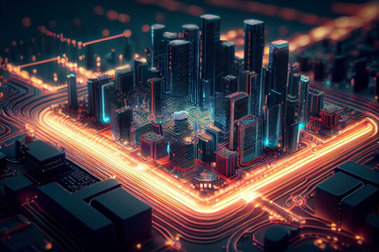 Smart city on circuit board background, Futuristic cyberspace concept, AI Generated
 