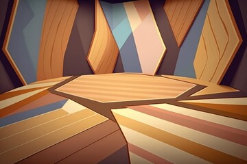 Abstract parquet floor with a crooked, trapezoidal, geometric surface in the future and a wooden backdrop. Generative AI