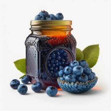 Detailed illustration of a jar of homemade blueberry jam marmalade jelly preserves with fresh blueberries isolated on a white background, generative ai