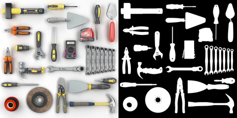colored tools set background concept of repair tools warehouse promotion 3d render on white with alpha - 570000284