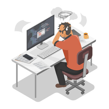Stress at work in workplace stress crisis or work too hard over times with Problem bad mental health times Software Engineer Programer Hard working rush illustration isometric isolated vector cartoon