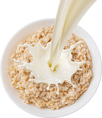 Oatmeal with milk splash isolated, top view
