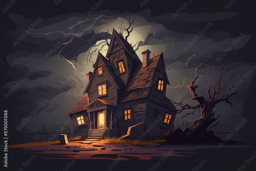 Canvas Prints backdrop music for a horror film. spooky house. Dramatic sky, a dilapidated house, and light coming through the windows illustration. Generative AI