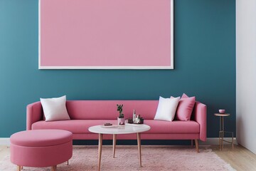 Cute Cozy Living Room Interior with pastel pink and blue accents  with pink couch mockup frame mid century modern mcm made with Generative Ai