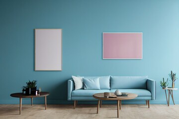 Cute Cozy Living Room Interior with pastel pink and blue accents blue couch mockup frame mid century modern mcm made with Generative Ai