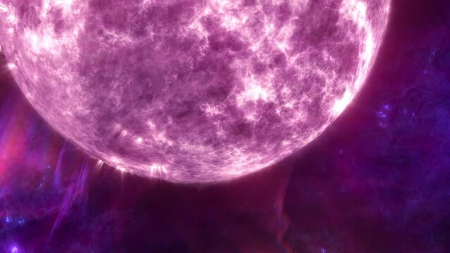 Super massive white star erupting solar flares close-up. 3D animation concept of giant alien sun and purple and black hostile dark matter space nebula. Hyperrealistic celestial supernova plasma burst.