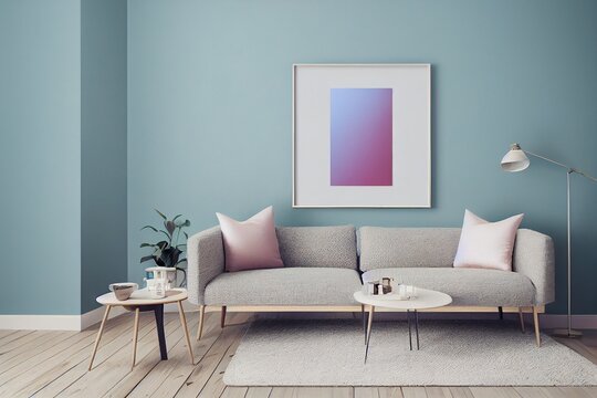 Cute Cozy Living Interior with pastel pink and blue accents with grey gray couch mockup frame mid century modern mcm made with Generative Ai