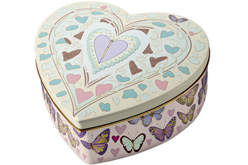 Butterfly-inspired pastel patterns on a heart-shaped tin
