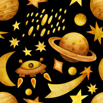 seamless pattern of space objects and rockets. Planets, moon, stars. Cute watercolor drawing. The objects are made manually.