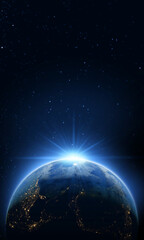 Sunlight ascending over Earth in outer space, Vertcal size, 3D Rendering