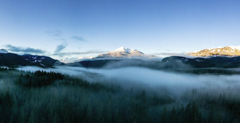 Fototapeta na wymiar Green Trees in Forest with Fog and Mountains. Winter Sunny Sunrise. Canadian Nature Landscape Background. Near Squamish, British Columbia, Canada. Panorama