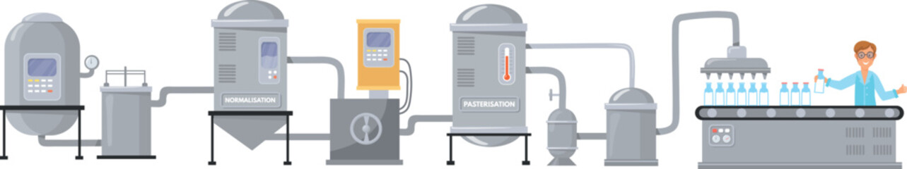 Milk production line. Dairy product factory. Cartoon manufacture