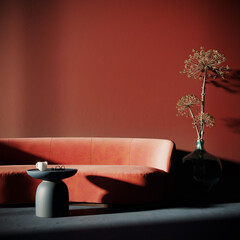 Contemporary interior design. Living room with red sofa and empty red wall background. 3D Rendering, 3D Illustration