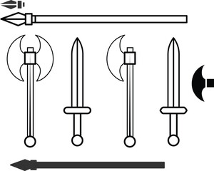 set of arms. Set of medieval weapons. Antique swords, axes, spears. Black arms on white background. Vector isolated elements.