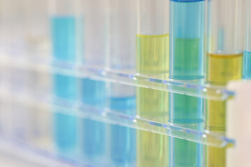 Many test tubes with different chemical solutions in a row on laboratory table.