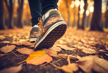 Feet sneakers walking on fall leaves Outdoor with Autumn season nature on background 