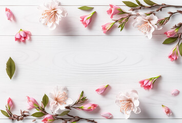Naklejka na ściany i meble Spring flowers. Pink flowers on white wooden background 