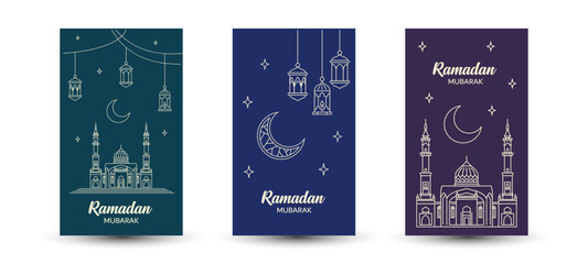 Boho style islamic mosque. Ramadan mubarak beautiful muslim lanterns. Set of postcards concept design