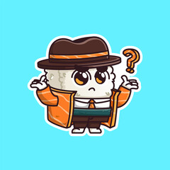 cute detective sushi asking question with hand raised