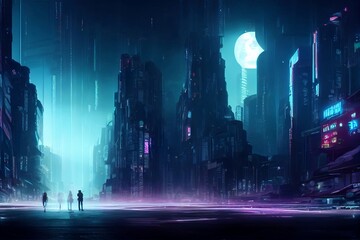 People in a future city at night