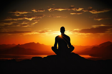 Silhoutte of a man meditating at sunset or sunrise, symbolizing peace and tranquility - AI generated