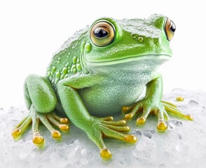 A green frog struck by the cold of winter, in a mascot pose on a white background. Ideal image to personalize a project or to inspire emotions. Generative AI