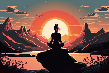 Woman meditating at sunrise/sunset, symbolizing peace and harmony - AI generated