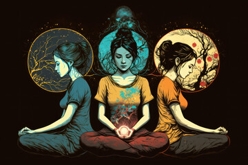 Illustration of women meditating or doing yoga, symbolizing peace and harmony - AI Generated