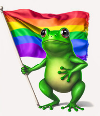 Green frog carrying rainbow flag in support of LGBTQ+ rights. Emotional mascot. White background. Generative AI