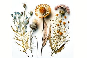 Dry Pressed Wild Flowers Isolated on White Background, Collection of Natural Elements, Made in Part With Generative AI
