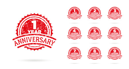 Set of anniversary logos from 1 to 9 years old, drawn as stamps, red celebration frames. Grunge style rubber stamp texture. Postage stamp collection. Vector round celebration stamps for holiday event