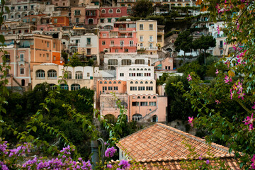 Summer sunset architecture landscape in Positano, Italy